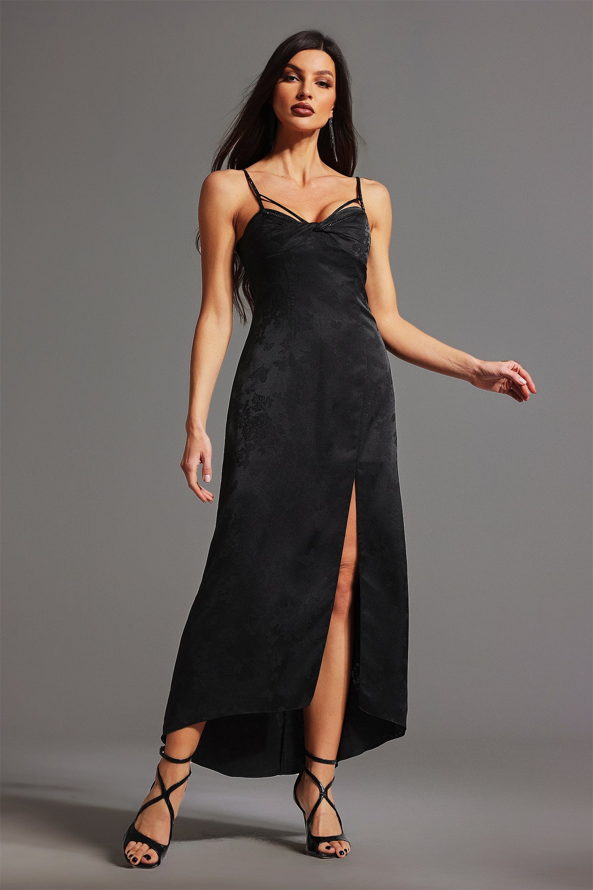 Norah Midi Dress - Sleeveless Silhouette - Spaghetti Straps - Sweetheart Neckline - High Slit - Luxurious Fabric