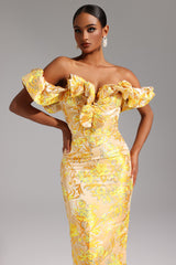 Ivana Midi Dress - Off-The-Shoulder Neckline - Jacquard Pattern - Ruffled Detailing - Fitted - Floral Motifs