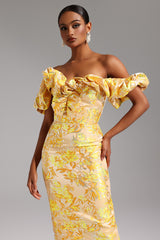 Ivana Midi Dress - Off-The-Shoulder Neckline - Jacquard Pattern - Ruffled Detailing - Fitted - Floral Motifs