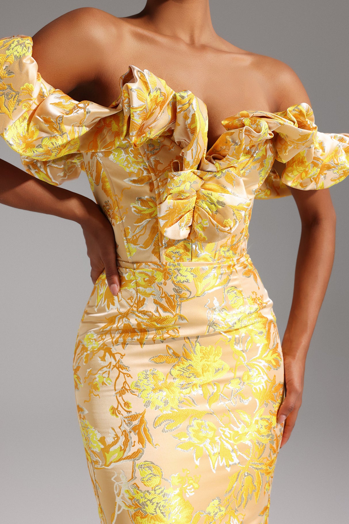Ivana Midi Dress - Off-The-Shoulder Neckline - Jacquard Pattern - Ruffled Detailing - Fitted - Floral Motifs