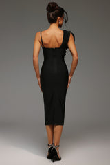 Malia Midi Dress - Asymmetrical - One-Shoulder Neckline - Floral Detailing - Bandage Fabric - Sophisticated Charm