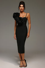 Malia Midi Dress - Asymmetrical - One-Shoulder Neckline - Floral Detailing - Bandage Fabric - Sophisticated Charm