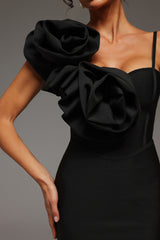 Malia Midi Dress - Asymmetrical - One-Shoulder Neckline - Floral Detailing - Bandage Fabric - Sophisticated Charm