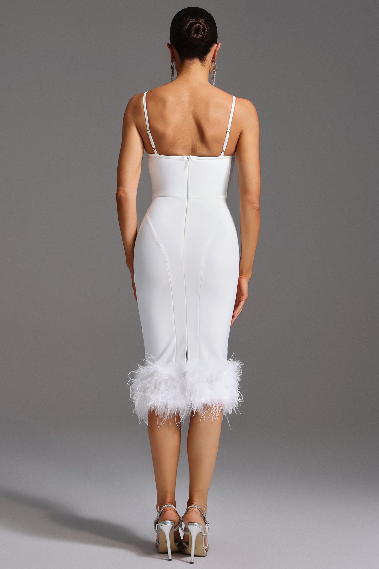Michela Midi Dress - Sleeveless Bodycon Fit - Square Neckline - Feather Detailing - High-Quality Fabric - Modern Elegance