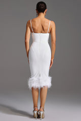 Michela Midi Dress - Sleeveless Bodycon Fit - Square Neckline - Feather Detailing - High-Quality Fabric - Modern Elegance