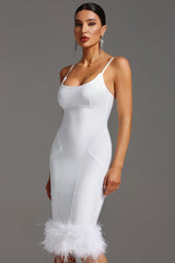 Michela Midi Dress - Sleeveless Bodycon Fit - Square Neckline - Feather Detailing - High-Quality Fabric - Modern Elegance