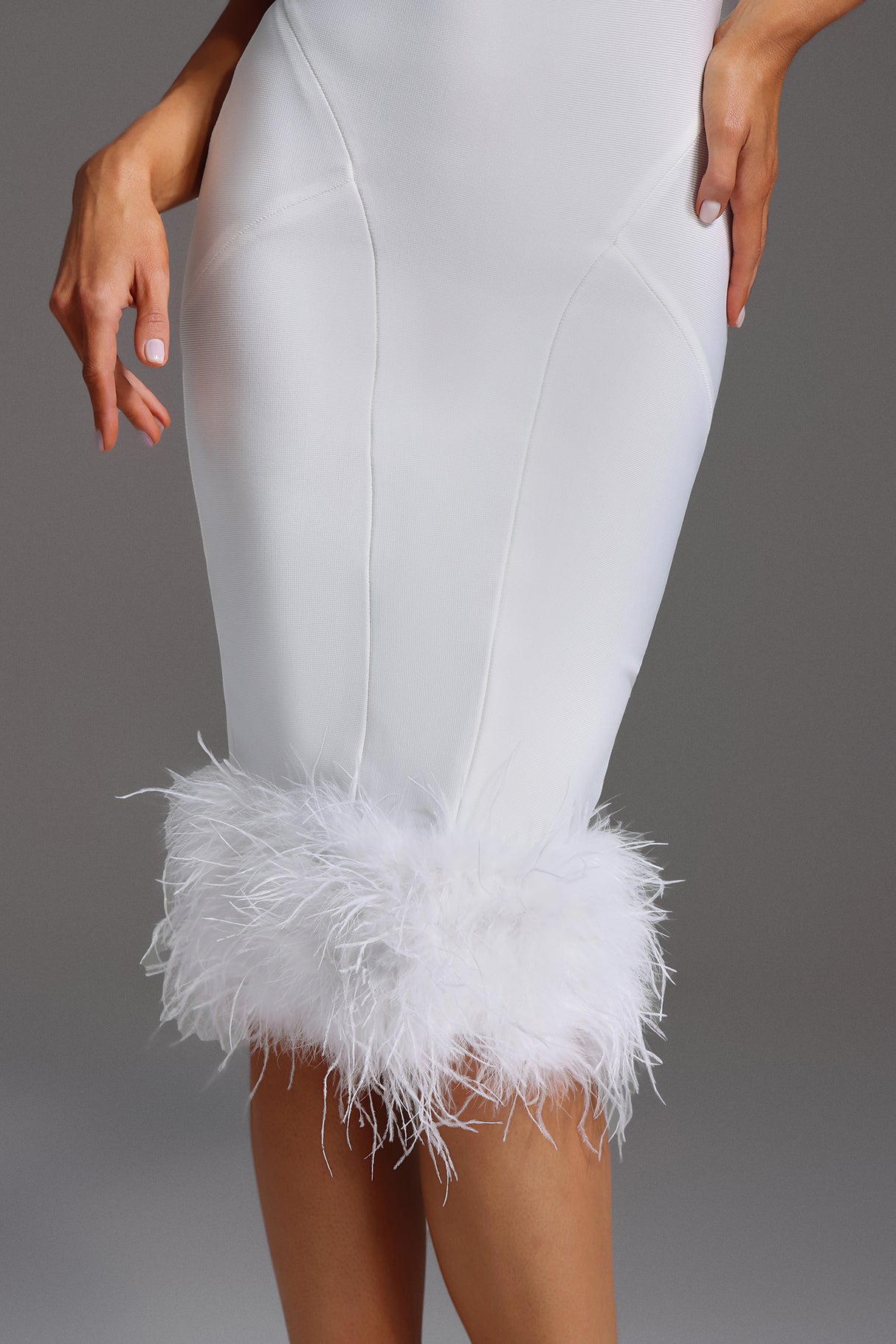 Michela Midi Dress - Sleeveless Bodycon Fit - Square Neckline - Feather Detailing - High-Quality Fabric - Modern Elegance