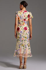 Kenzie Midi Dress - Floral Embroidery - Fishtail Silhouette - Round Neckline - Short Sleeves - Versatile