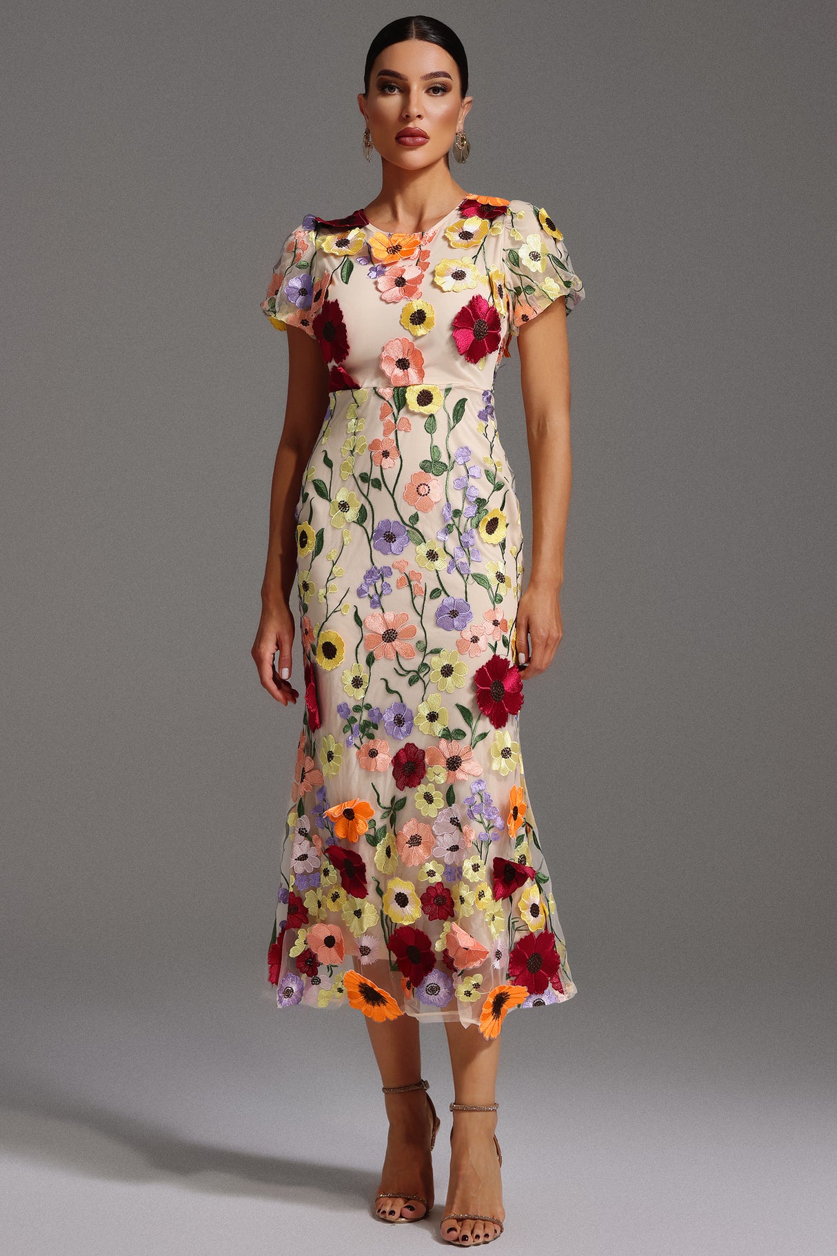 Kenzie Midi Dress - Floral Embroidery - Fishtail Silhouette - Round Neckline - Short Sleeves - Versatile