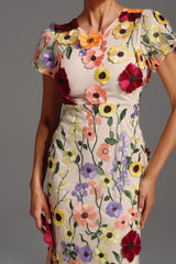 Kenzie Midi Dress - Floral Embroidery - Fishtail Silhouette - Round Neckline - Short Sleeves - Versatile