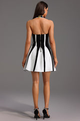 Lia Mini Dress - Halter Sleeveless - V-Neckline - Streak Bandage - Playful Flare - Contrasting Colors - modified image
