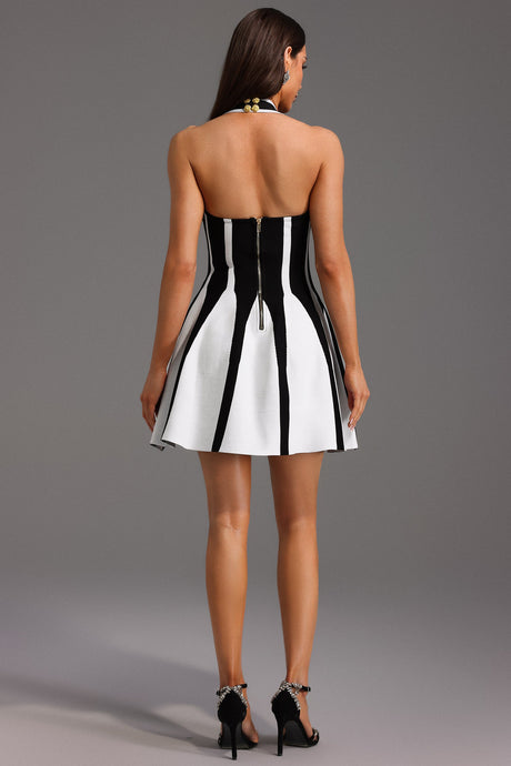 Lia Mini Dress - Halter Sleeveless - V-Neckline - Streak Bandage - Playful Flare - Contrasting Colors - modified image