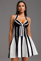 Lia Mini Dress - Halter Sleeveless - V-Neckline - Streak Bandage - Playful Flare - Contrasting Colors - modified image