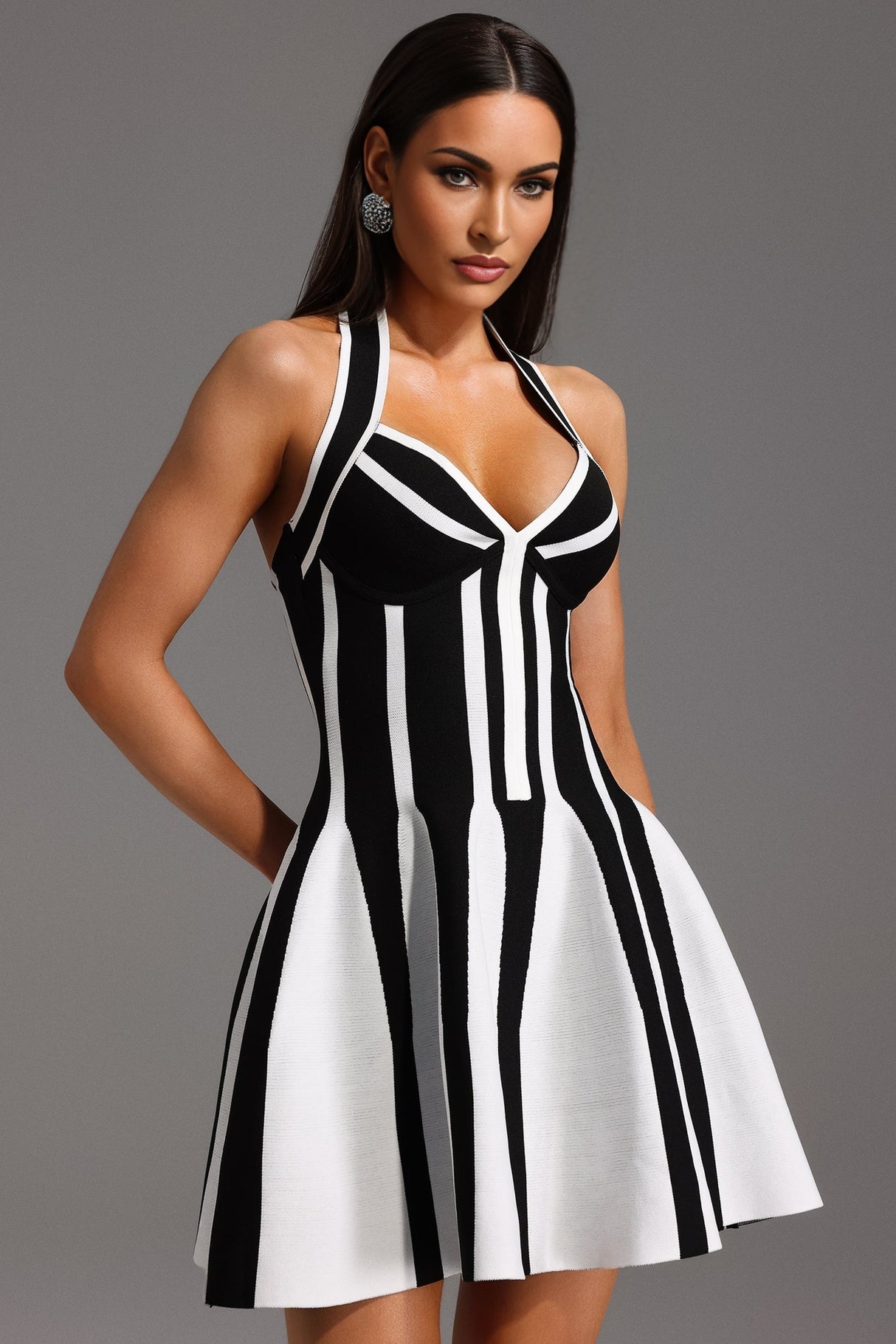 Lia Mini Dress - Halter Sleeveless - V-Neckline - Streak Bandage - Playful Flare - Contrasting Colors - modified image