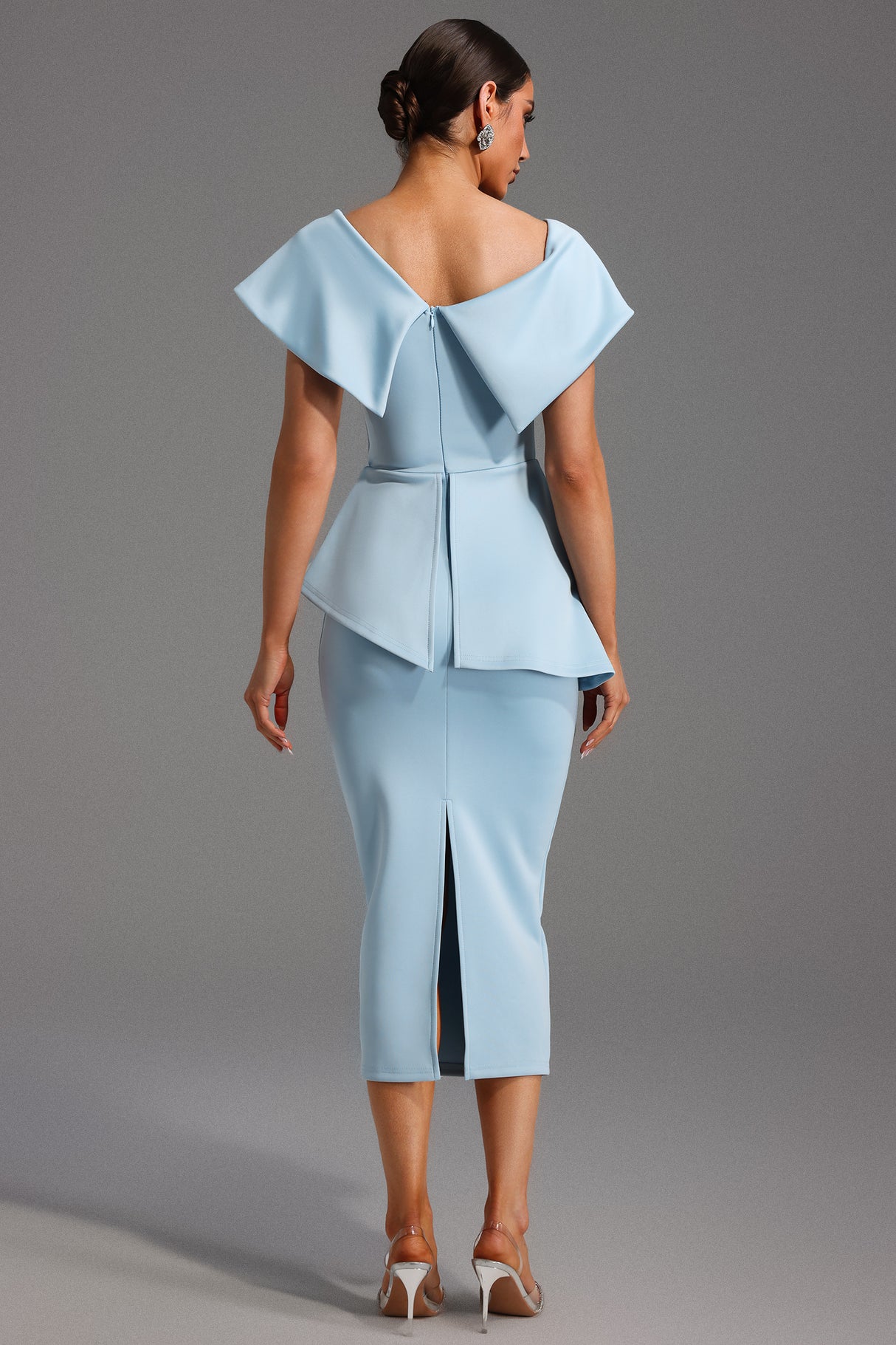 Rosetta Midi Dress - One Shoulder Flounce - Asymmetrical Neckline - Fitted Bodice - Flared Hem - Decorative Buttons