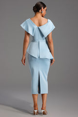 Rosetta Midi Dress - One Shoulder Flounce - Asymmetrical Neckline - Fitted Bodice - Flared Hem - Decorative Buttons