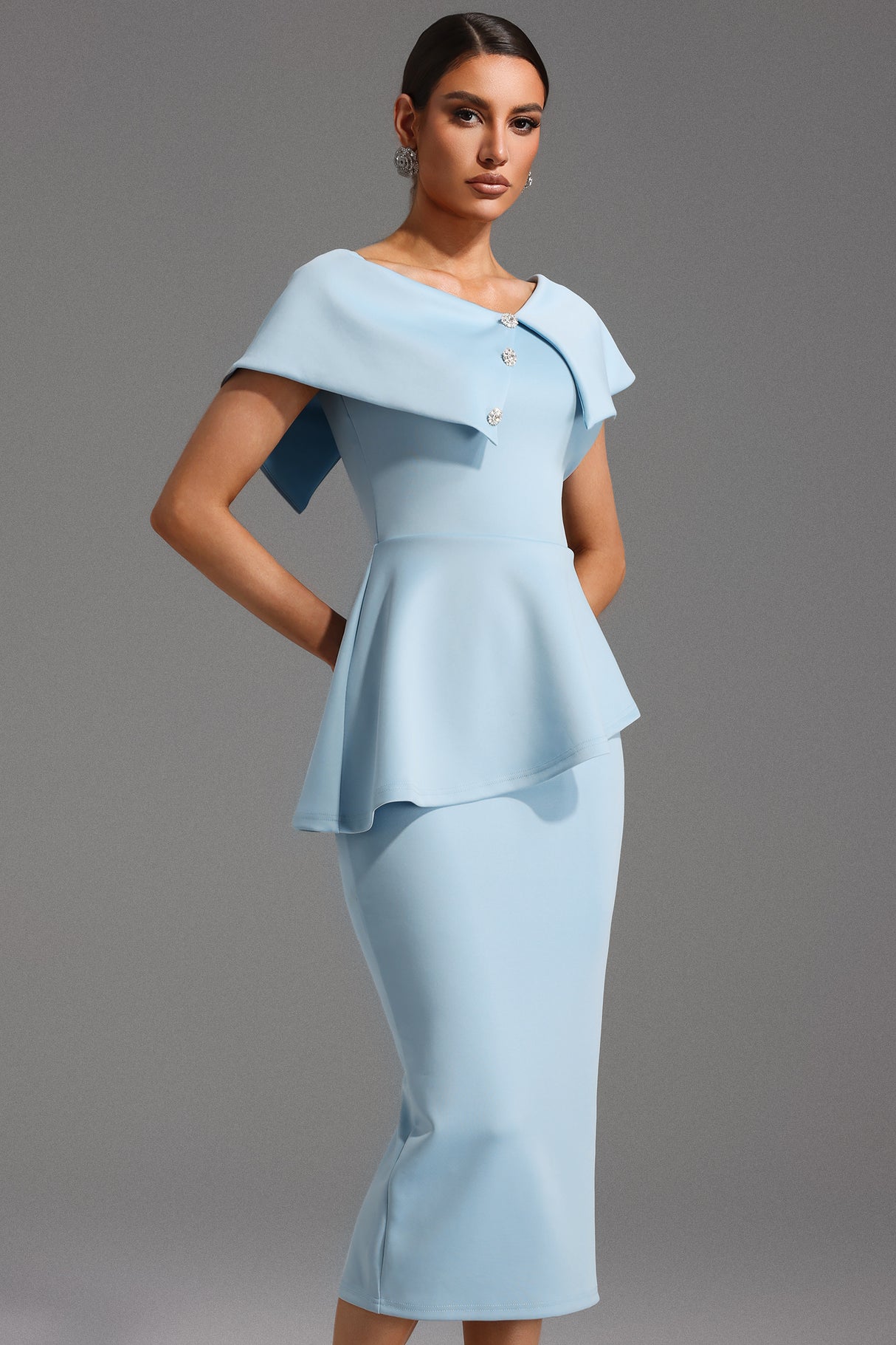 Rosetta Midi Dress - One Shoulder Flounce - Asymmetrical Neckline - Fitted Bodice - Flared Hem - Decorative Buttons