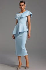 Rosetta Midi Dress - One Shoulder Flounce - Asymmetrical Neckline - Fitted Bodice - Flared Hem - Decorative Buttons