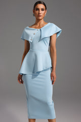 Rosetta Midi Dress - One Shoulder Flounce - Asymmetrical Neckline - Fitted Bodice - Flared Hem - Decorative Buttons