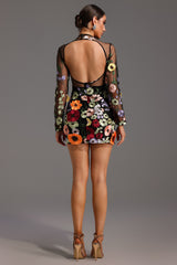 Roberta Mini Dress - Long Sleeve - Flowers Backless - Floral Embroidery - Fitted Silhouette - Versatile