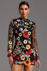 Roberta Mini Dress - Long Sleeve - Flowers Backless - Floral Embroidery - Fitted Silhouette - Versatile