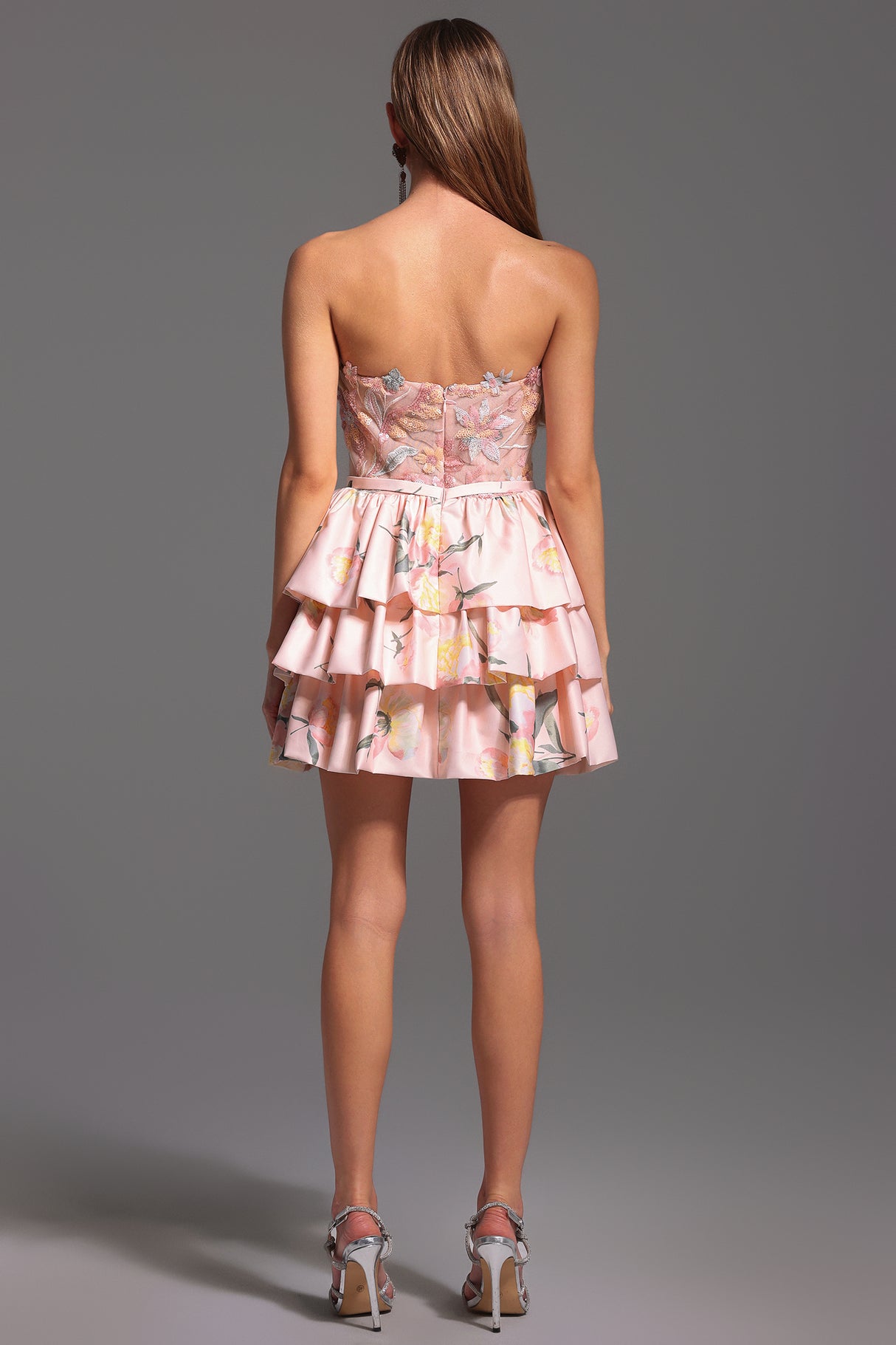 Jenna Mini Dress - Strapless - Floral Embroidery - Flared Silhouette - Soft Fabric - Delicate Floral Patterns