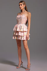 Jenna Mini Dress - Strapless - Floral Embroidery - Flared Silhouette - Soft Fabric - Delicate Floral Patterns
