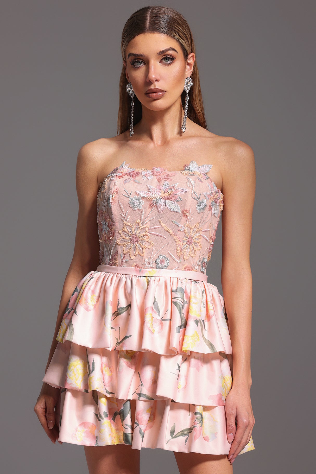 Jenna Mini Dress - Strapless - Floral Embroidery - Flared Silhouette - Soft Fabric - Delicate Floral Patterns