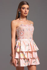 Jenna Mini Dress - Strapless - Floral Embroidery - Flared Silhouette - Soft Fabric - Delicate Floral Patterns