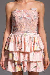 Jenna Mini Dress - Strapless - Floral Embroidery - Flared Silhouette - Soft Fabric - Delicate Floral Patterns