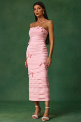 Tinsley Midi Dress - Sleeveless - Bow Accents - Wrinkle Detailing - Strapless Neckline - High-Quality Craftsmanship