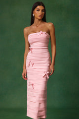 Tinsley Midi Dress - Sleeveless - Bow Accents - Wrinkle Detailing - Strapless Neckline - High-Quality Craftsmanship