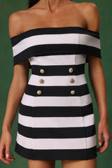 Leilani Off-The-Shoulder Bandage - Striped Pattern - Fitted Silhouette - Button Detailing - Mini Length
