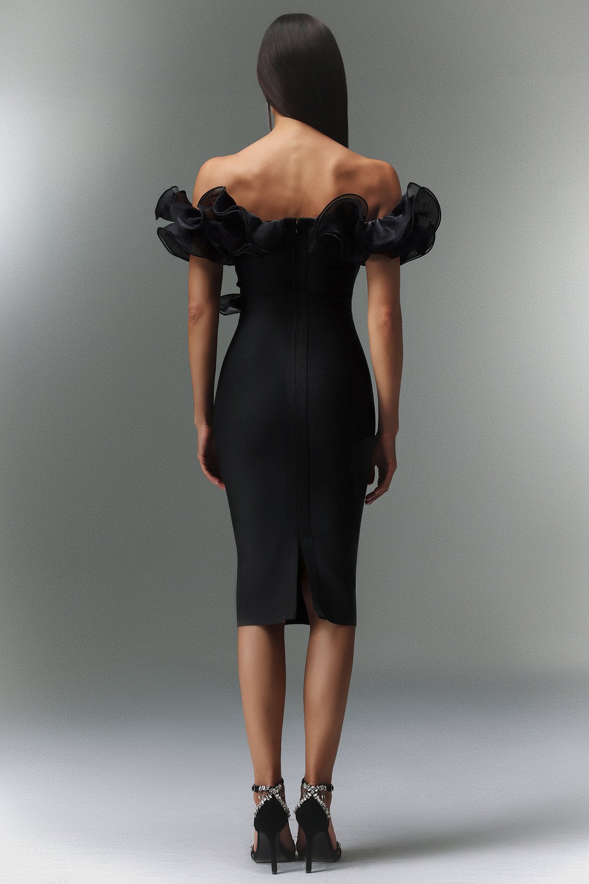 Faith Midi Dress - Off-The-Shoulder Flounce - Body-Hugging Fit - High-Quality Materials