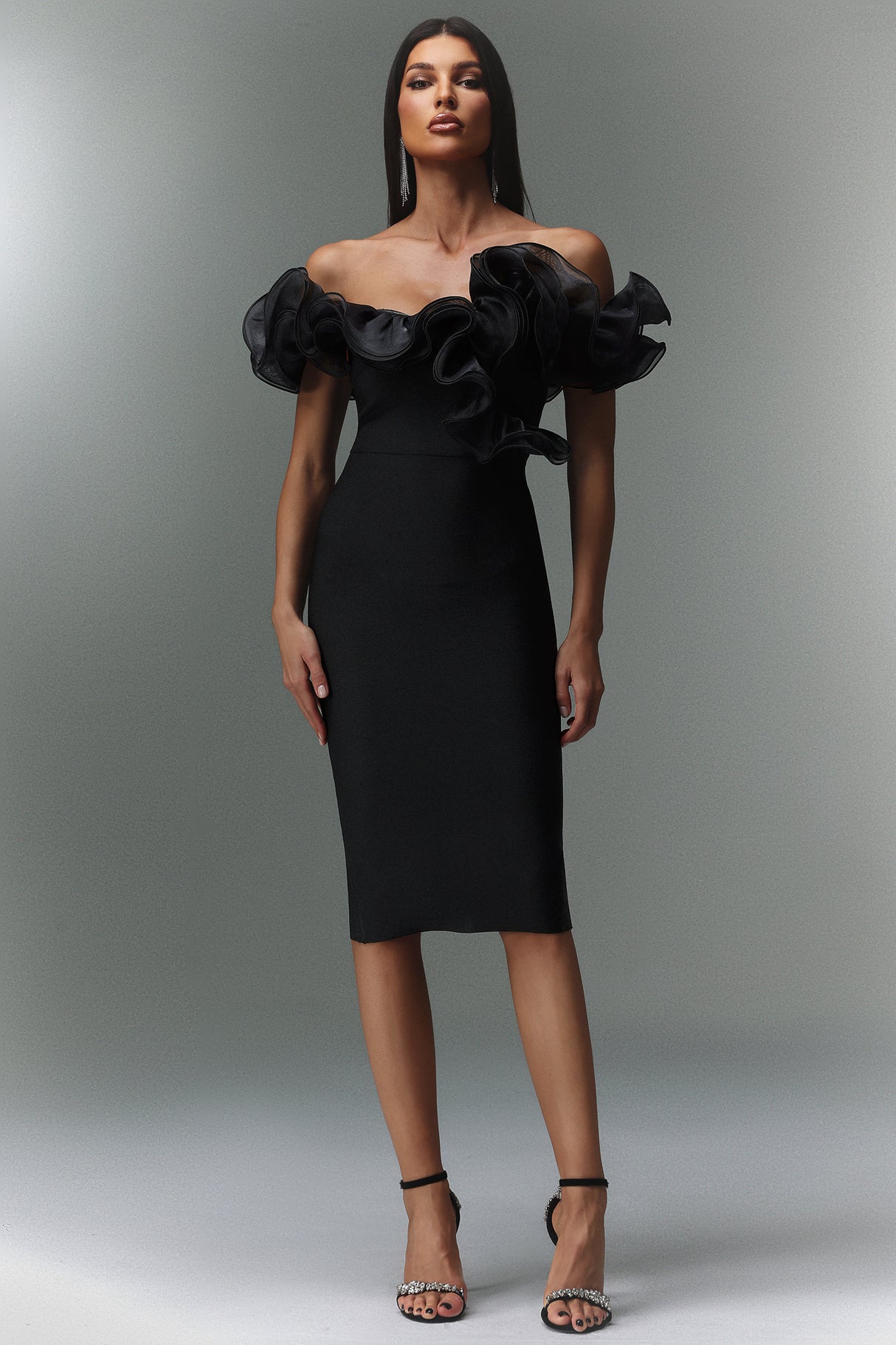 Faith Midi Dress - Off-The-Shoulder Flounce - Body-Hugging Fit - High-Quality Materials