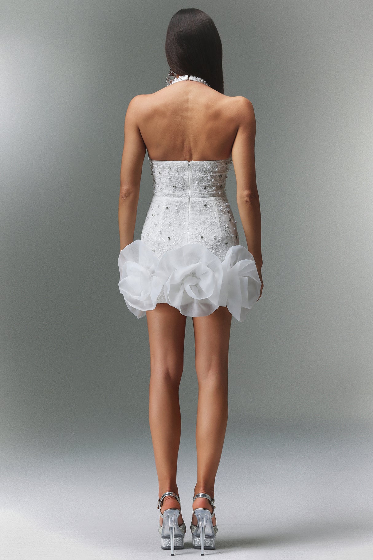 Laney Mini Dress - Sleeveless V-Neck - Diamond Flowers - Shimmering Embellishments - Flattering Fit - Floral Hem