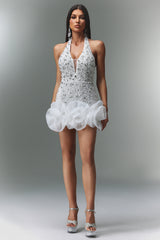 Laney Mini Dress - Sleeveless V-Neck - Diamond Flowers - Shimmering Embellishments - Flattering Fit - Floral Hem
