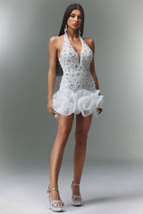Laney Mini Dress - Sleeveless V-Neck - Diamond Flowers - Shimmering Embellishments - Flattering Fit - Floral Hem