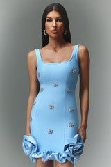 Rinata Mini Dress - Sleeveless - Diamond Flowers - Square Neckline - Fitted Silhouette - Ruffled Hemline