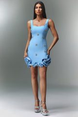 Rinata Mini Dress - Sleeveless - Diamond Flowers - Square Neckline - Fitted Silhouette - Ruffled Hemline