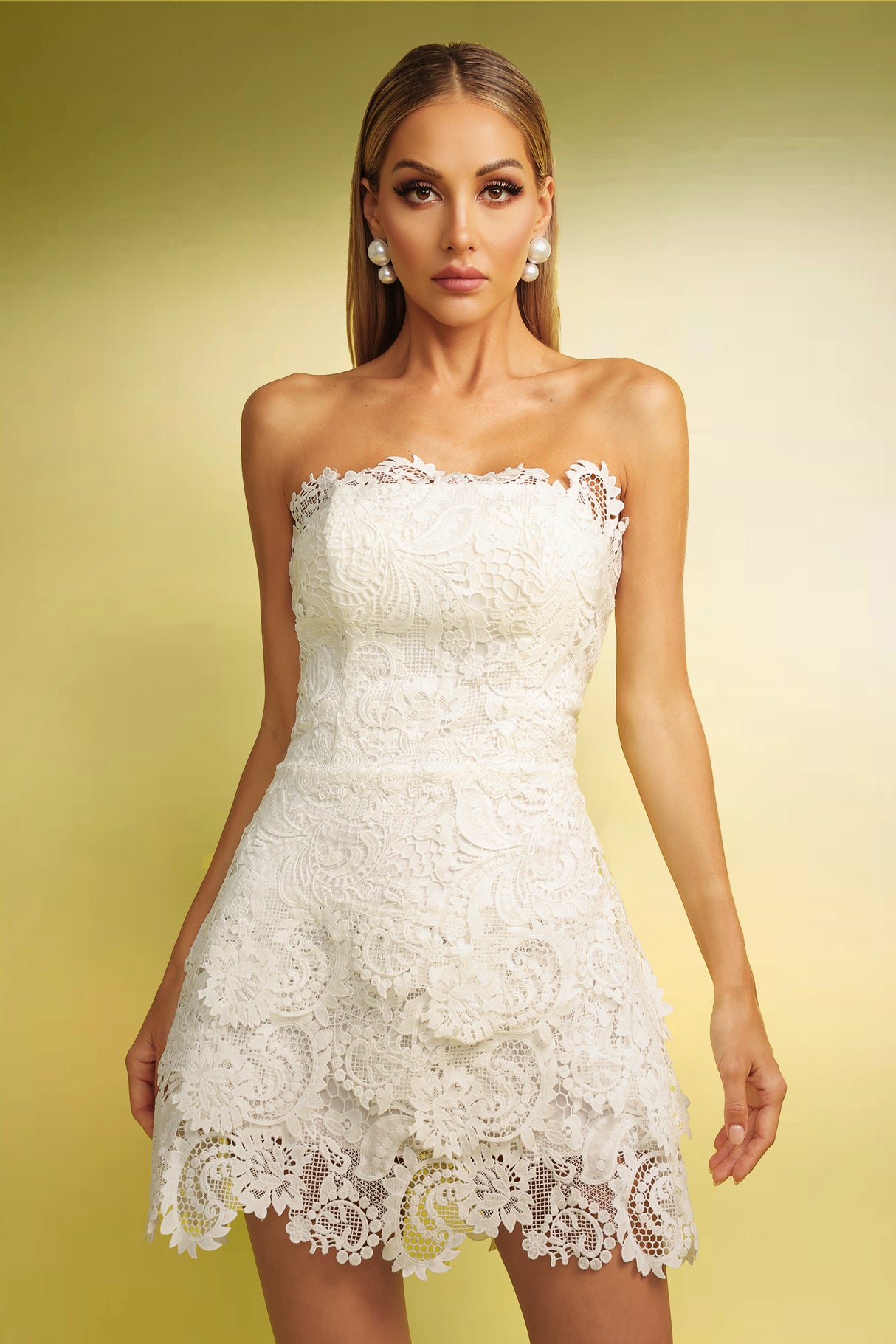 Sabina Strapless Lace Mini Dress - Detailing - Strapless Silhouette - Fitted Bodice - Mini Length