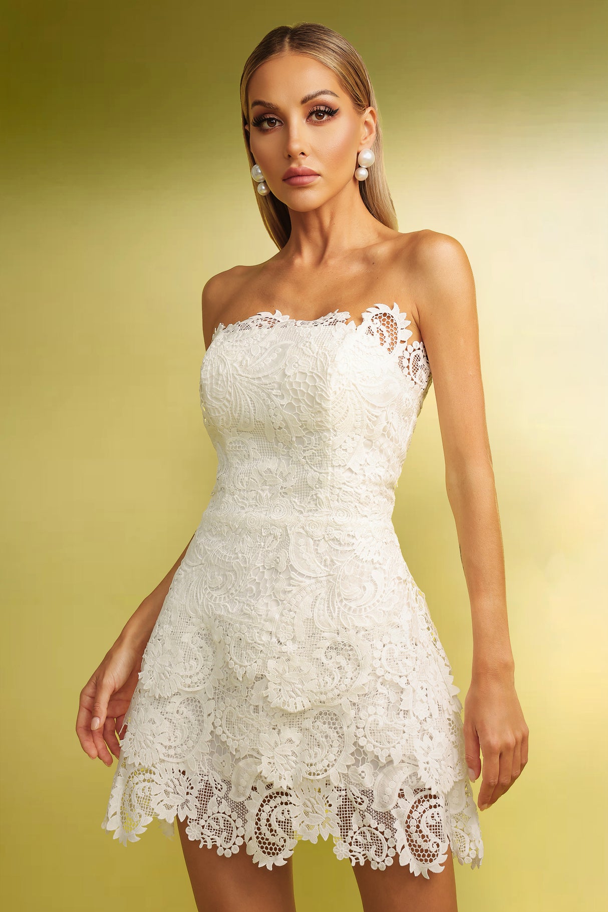 Sabina Strapless Lace Mini Dress - Detailing - Strapless Silhouette - Fitted Bodice - Mini Length
