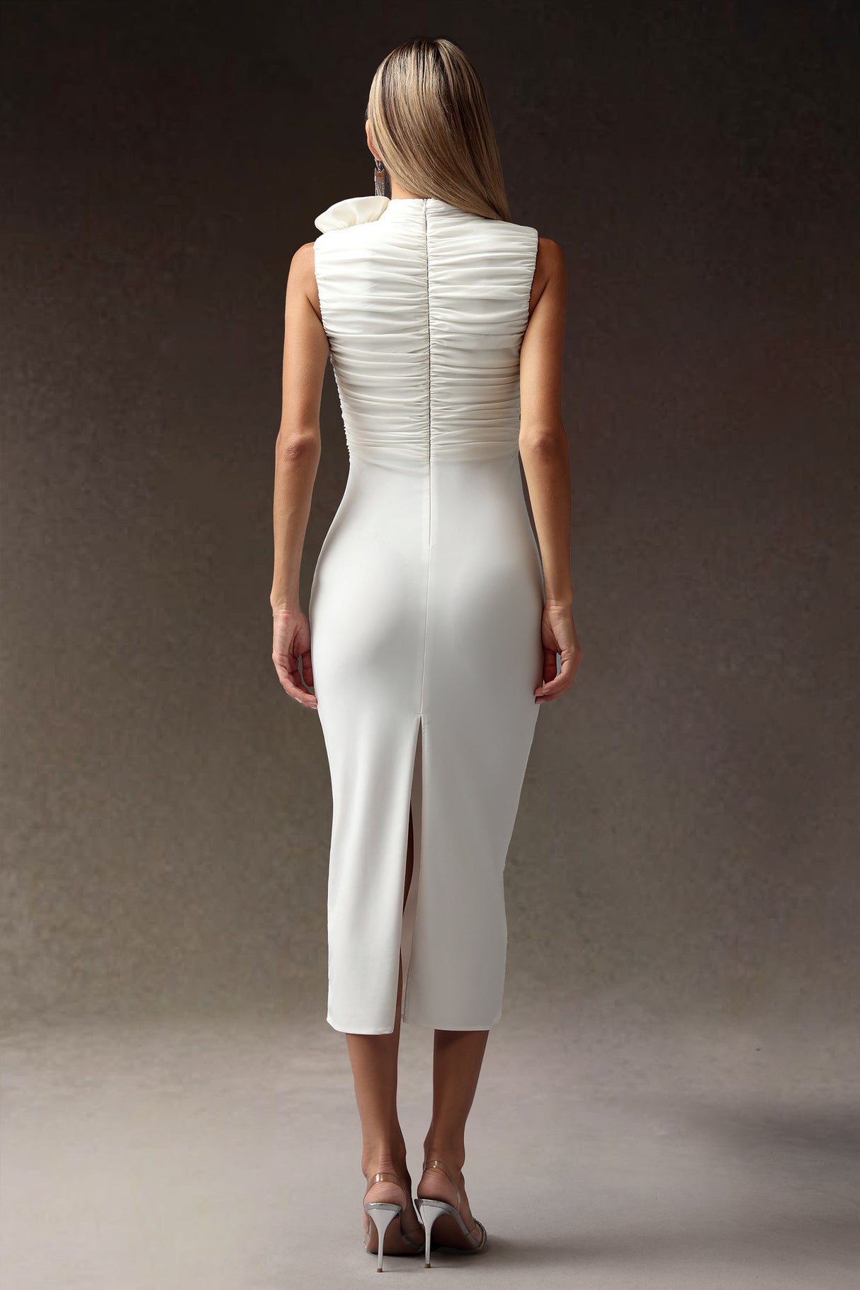 Tatiana Midi Dress - High Neckline - Ruched Detailing - Fabric Flowers - Draping Fit - Versatile