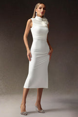 Tatiana Midi Dress - High Neckline - Ruched Detailing - Fabric Flowers - Draping Fit - Versatile