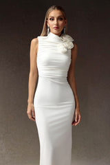 Tatiana Midi Dress - High Neckline - Ruched Detailing - Fabric Flowers - Draping Fit - Versatile