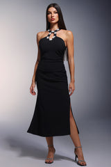 Tecla Midi Dress - Hollow Halter Neckline - Diamond Detailing - High Slit - Soft Stretchy Fabric - Versatile Styling Options
