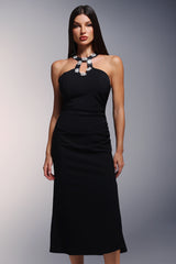 Tecla Midi Dress - Hollow Halter Neckline - Diamond Detailing - High Slit - Soft Stretchy Fabric - Versatile Styling Options
