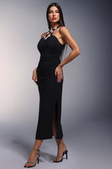 Tecla Midi Dress - Hollow Halter Neckline - Diamond Detailing - High Slit - Soft Stretchy Fabric - Versatile Styling Options