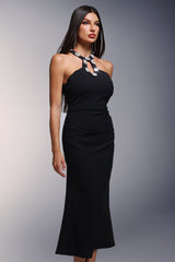 Tecla Midi Dress - Hollow Halter Neckline - Diamond Detailing - High Slit - Soft Stretchy Fabric - Versatile Styling Options