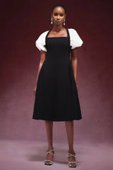 Millie Midi Dress - Square-Cut Collar - Voluminous Sleeves - Flattering Silhouette - Comfortable Fit - Statement-Making